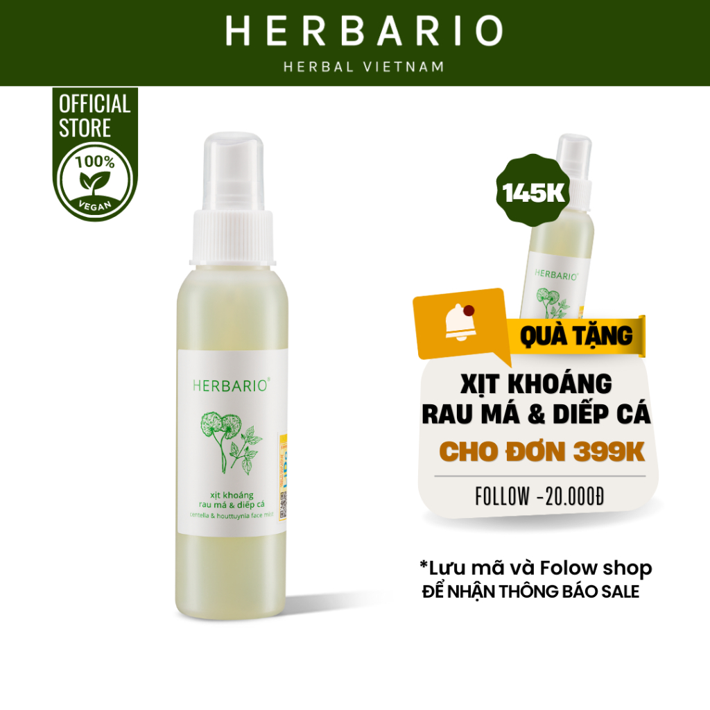 Xịt khoáng rau má & diếp cá herbario 100ml cấp ẩm cấp nước giúp da không bị khô - Herbario Thuần Chay