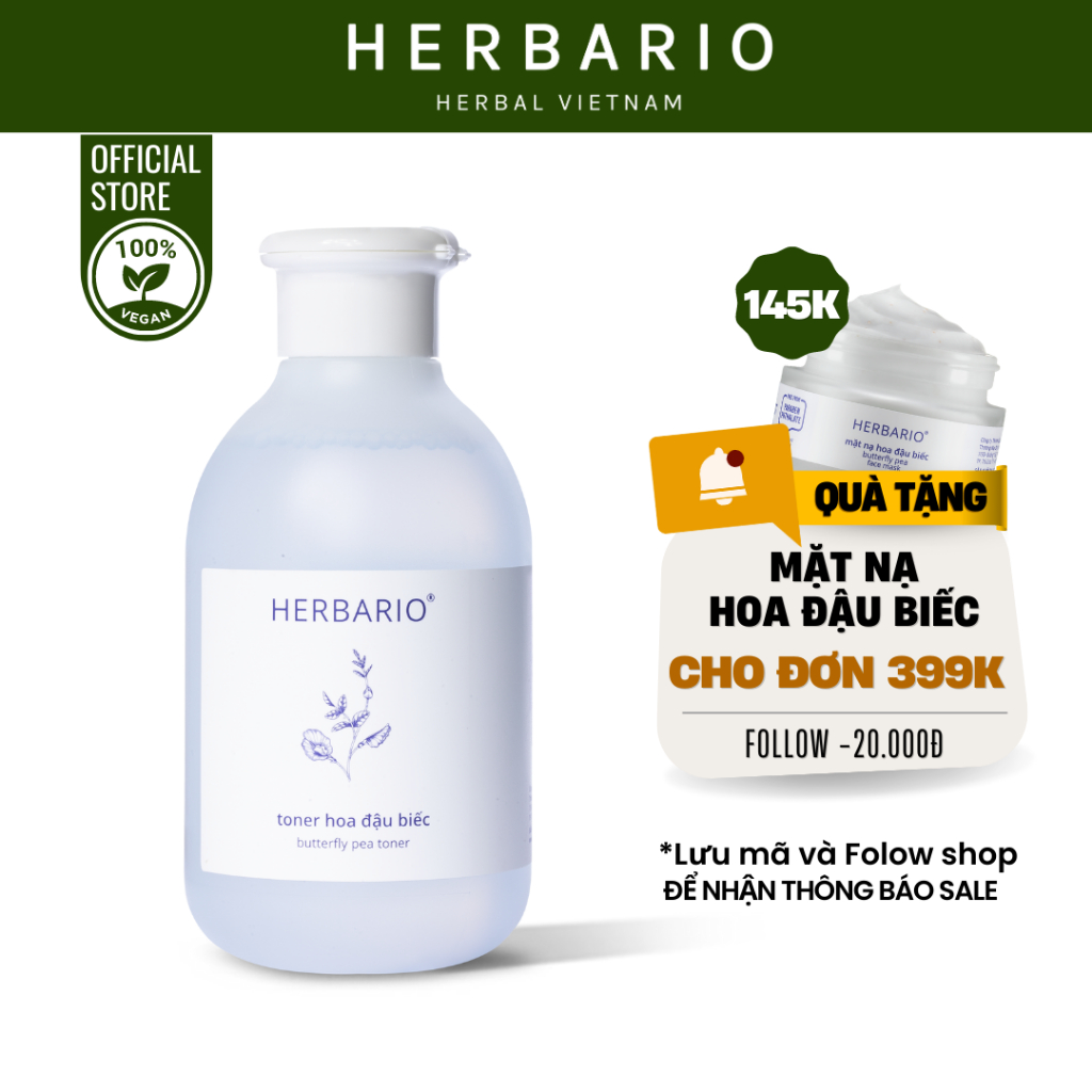 Nước cân bằng da toner hoa đậu biếc Herbario làm dịu da, ngăn lão hóa 200ml - Herbario Thuần Chay