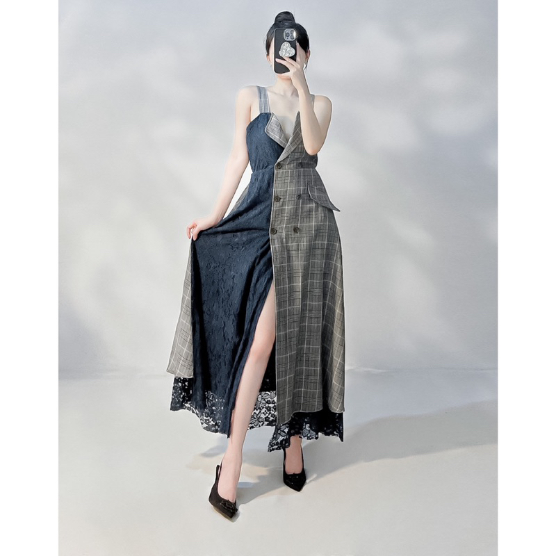 Đầm midi 2 dây đắp vạt 6 nút vintage