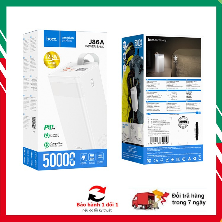 🚀CHÍNH HÃNG HOCO🚀Pin/Sạc Dự Phòng J86A 50000mAh Sạc Nhanh 3.0 / 2.0 ,3.0 4  Cổng Sac Có Màn Hình và Đèn Pin BH12T