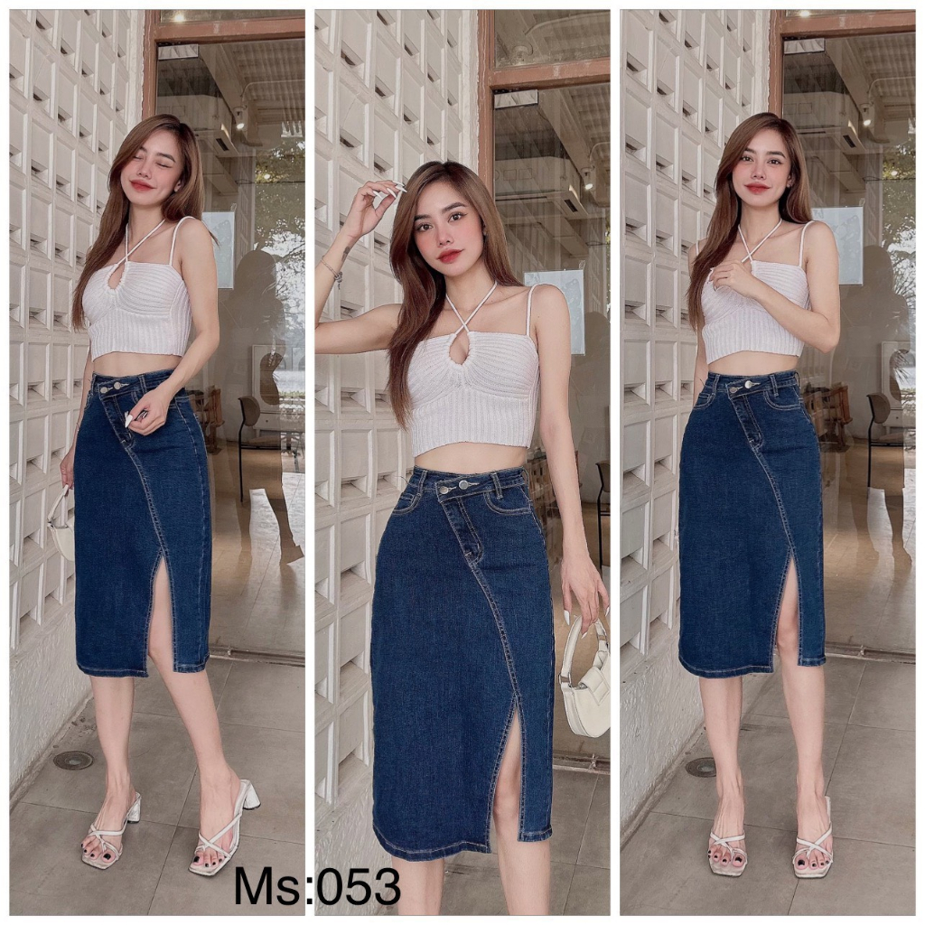 Chân Váy Jean Dáng Dài Lưng Kiểu Xẻ Vạt Trước MS 053