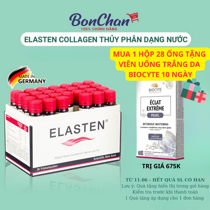 Collagen Elasten dạng nước chống lão hóa, đẹp da, mờ nếp nhăn, căng bóng, sáng mịn Đức (Hộp 28 ống x 25ml)