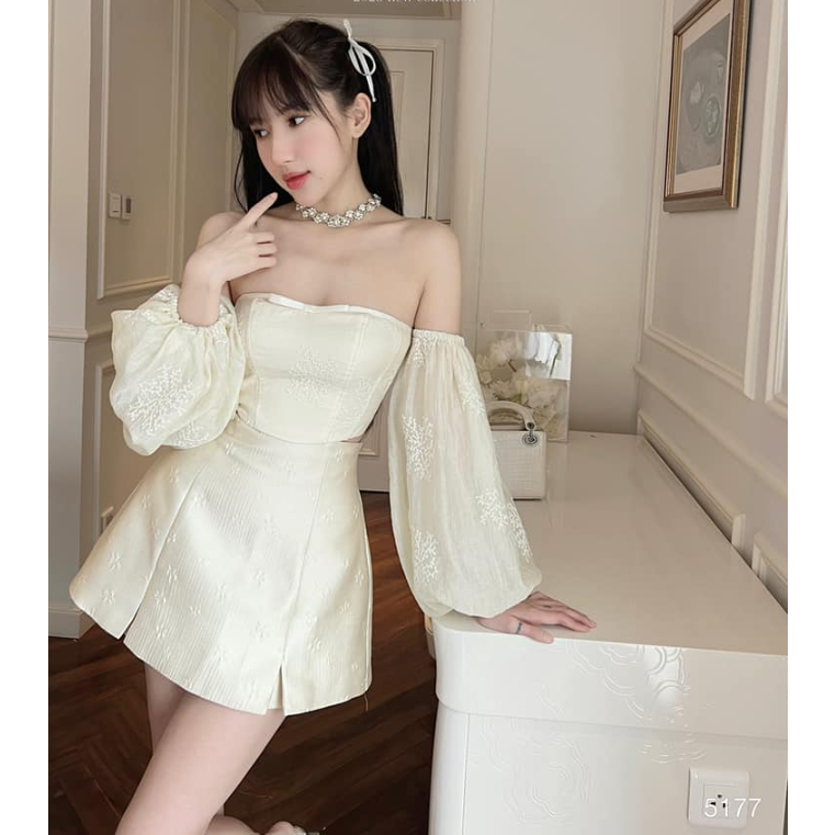 Set áo trễ vai tay bồng phối chân váy dáng A ngắn thời trang thiết kế đi dự tiệc cưới sự kiện dạ hội tiểu thư sang chảnh