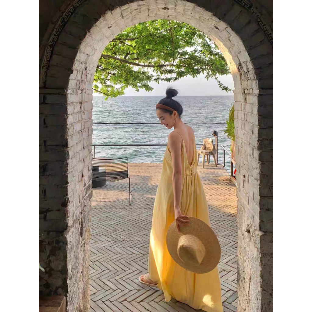 Váy maxi dáng suông màu vàng nhạt võng lưng - MS257