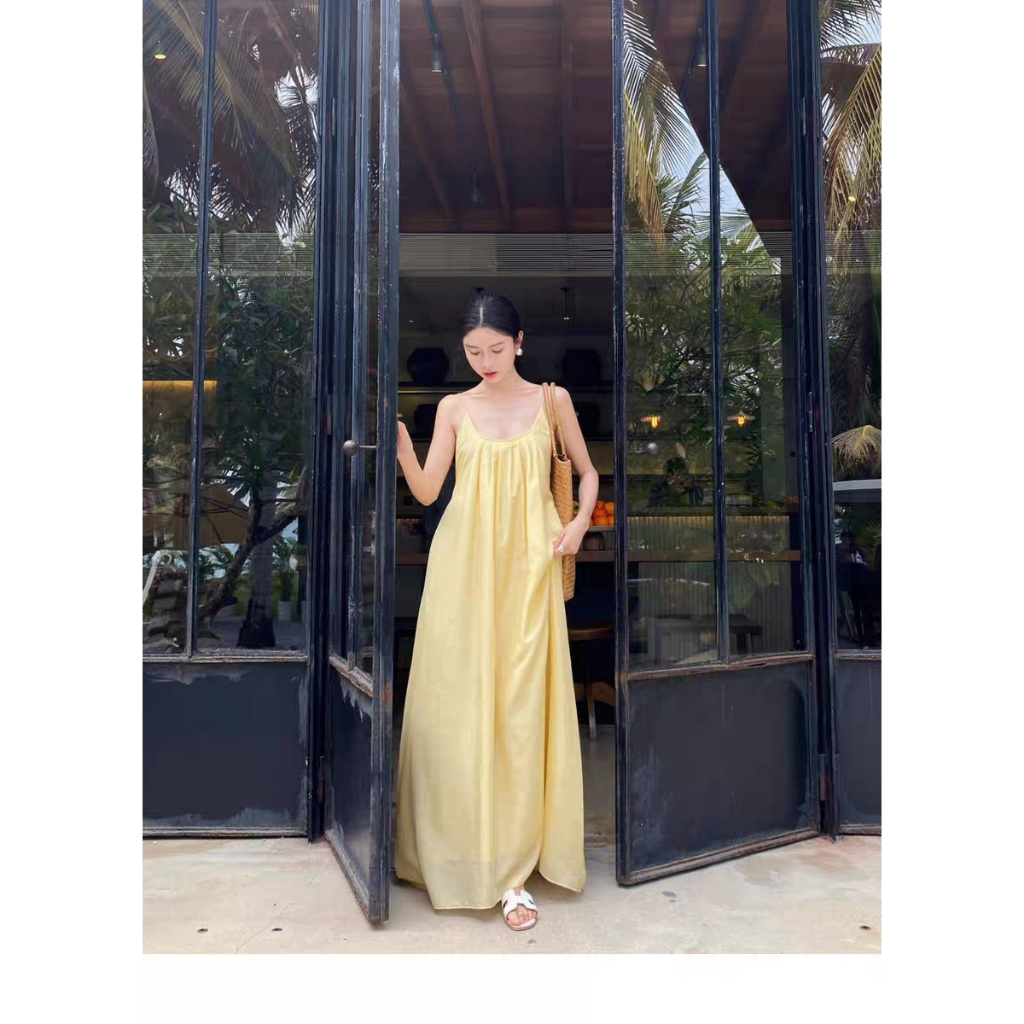 Váy maxi dáng suông màu vàng nhạt võng lưng - MS257
