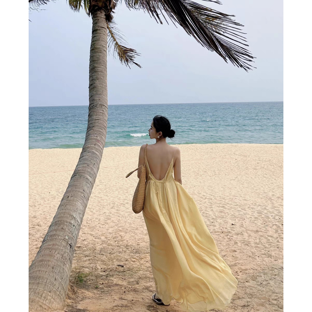 Váy maxi dáng suông màu vàng nhạt võng lưng - MS257