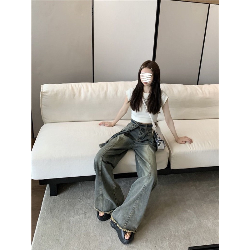 Quần jeans nữ Herpun ống rộng tôn eo 2 dây tôn dáng, Quần bò xám đen phong cách retro châu á - 7shine