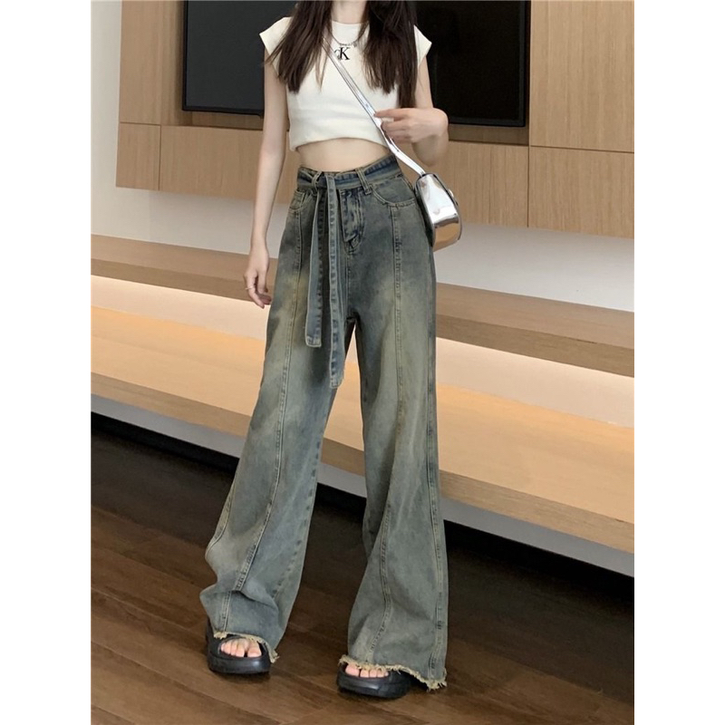 Quần jeans nữ Herpun ống rộng tôn eo 2 dây tôn dáng, Quần bò xám đen phong cách retro châu á - 7shine