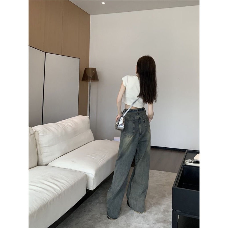 Quần jeans nữ Herpun ống rộng tôn eo 2 dây tôn dáng, Quần bò xám đen phong cách retro châu á - 7shine