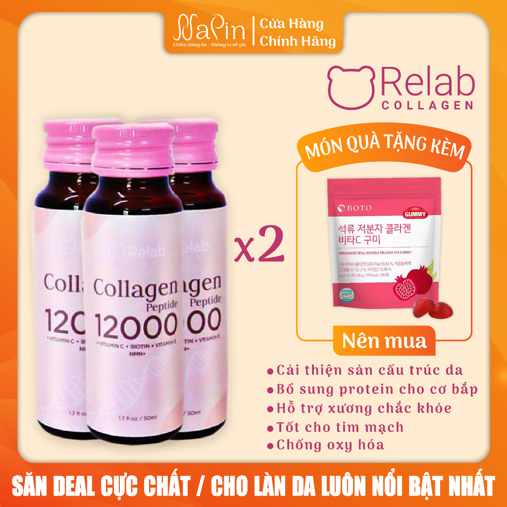 Nước uống collagen RELAB 12000 làm đẹp da, hỗ trợ tăng cường sức khỏe hộp 6 ống, 50ml/ống chính hãng Nhât Bản