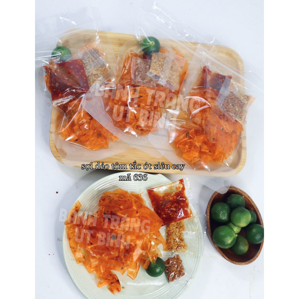 Út Bình  Bánh tráng Sợi Dẻo tôm phơi sương ớt rim siêu cay muối to mã 636