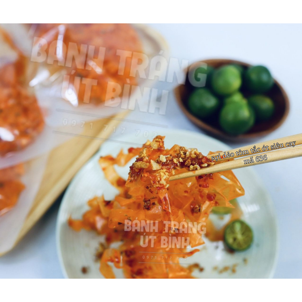 Út Bình  Bánh tráng Sợi Dẻo tôm phơi sương ớt rim siêu cay muối to mã 636