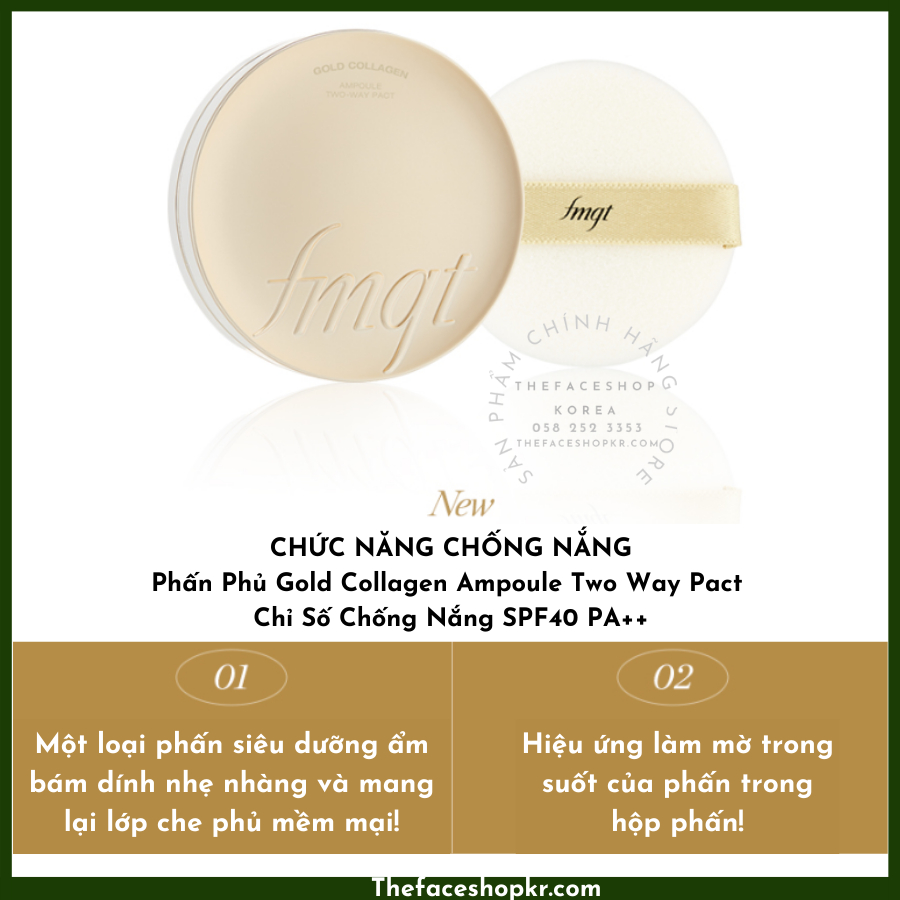 Phấn phủ trang điểm dạng nén cao cấp 2 trong 1 The Face Shop fmgt Gold Collagen Ampoule Two Way Pact SPF40+PA++