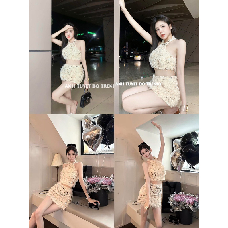 Set áo yếm chân váy kim sa lông