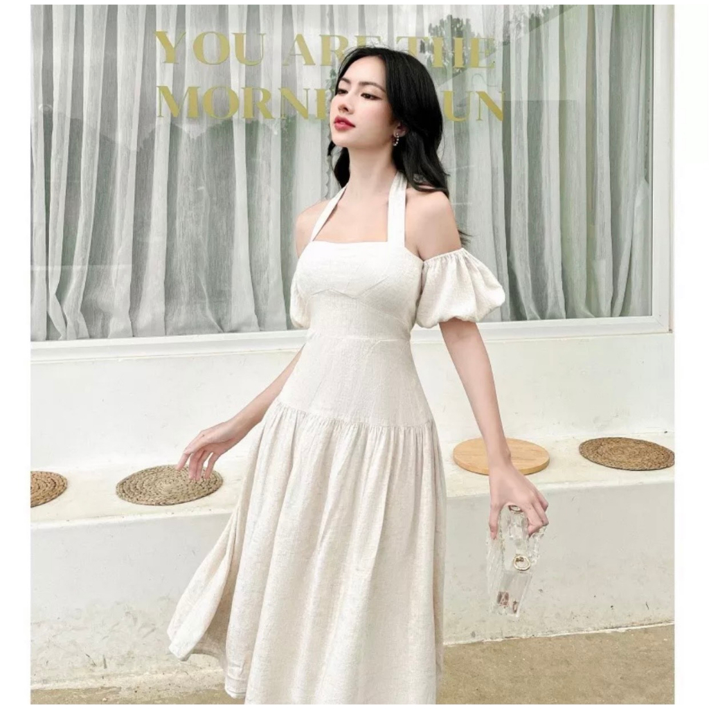 Đầm trễ vai cổ yếm tay bồng tiểu thư ( Gồm lót lụa)