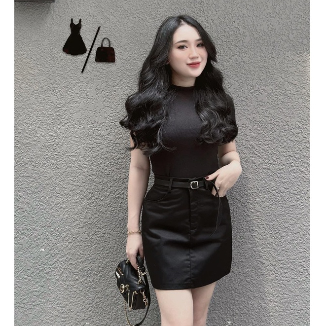 Set áo len tăm chân váy dài/ngắn kèm đai 2 màu Đen Trắng chuẩn mẫu