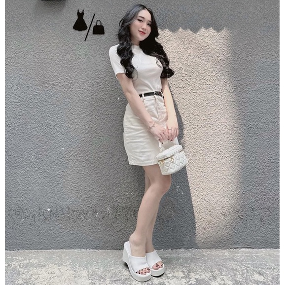 Set áo len tăm chân váy dài/ngắn kèm đai 2 màu Đen Trắng chuẩn mẫu