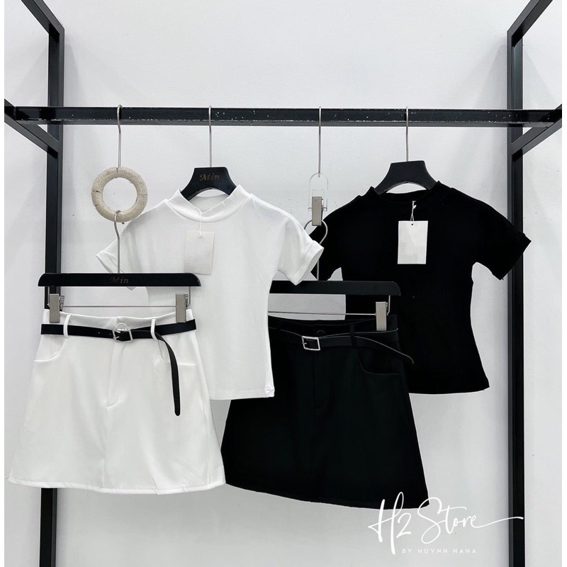 Set áo len tăm chân váy dài/ngắn kèm đai 2 màu Đen Trắng chuẩn mẫu