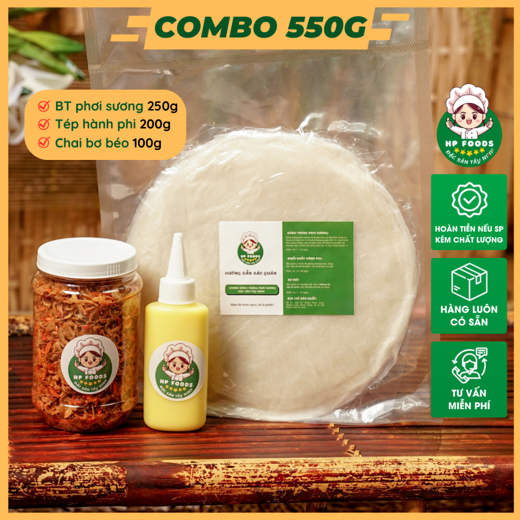 COMBO Bánh tráng phơi sương Tóp mỡ, 500gr bánh tráng phơi sương, 400gr Muối tép hành phi - 300gr Bơ béo - 150gr Sốt tắc