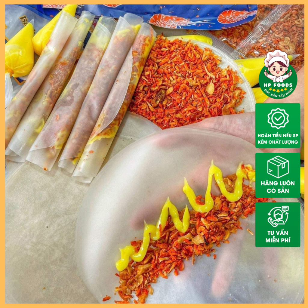 COMBO Bánh tráng phơi sương Tóp mỡ, 500gr bánh tráng phơi sương, 400gr Muối tép hành phi - 300gr Bơ béo - 150gr Sốt tắc