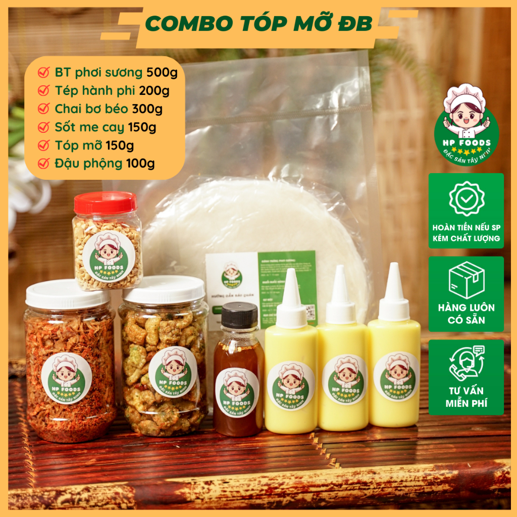 COMBO Bánh tráng phơi sương Tóp mỡ, 500gr bánh tráng phơi sương, 400gr Muối tép hành phi - 300gr Bơ béo - 150gr Sốt tắc