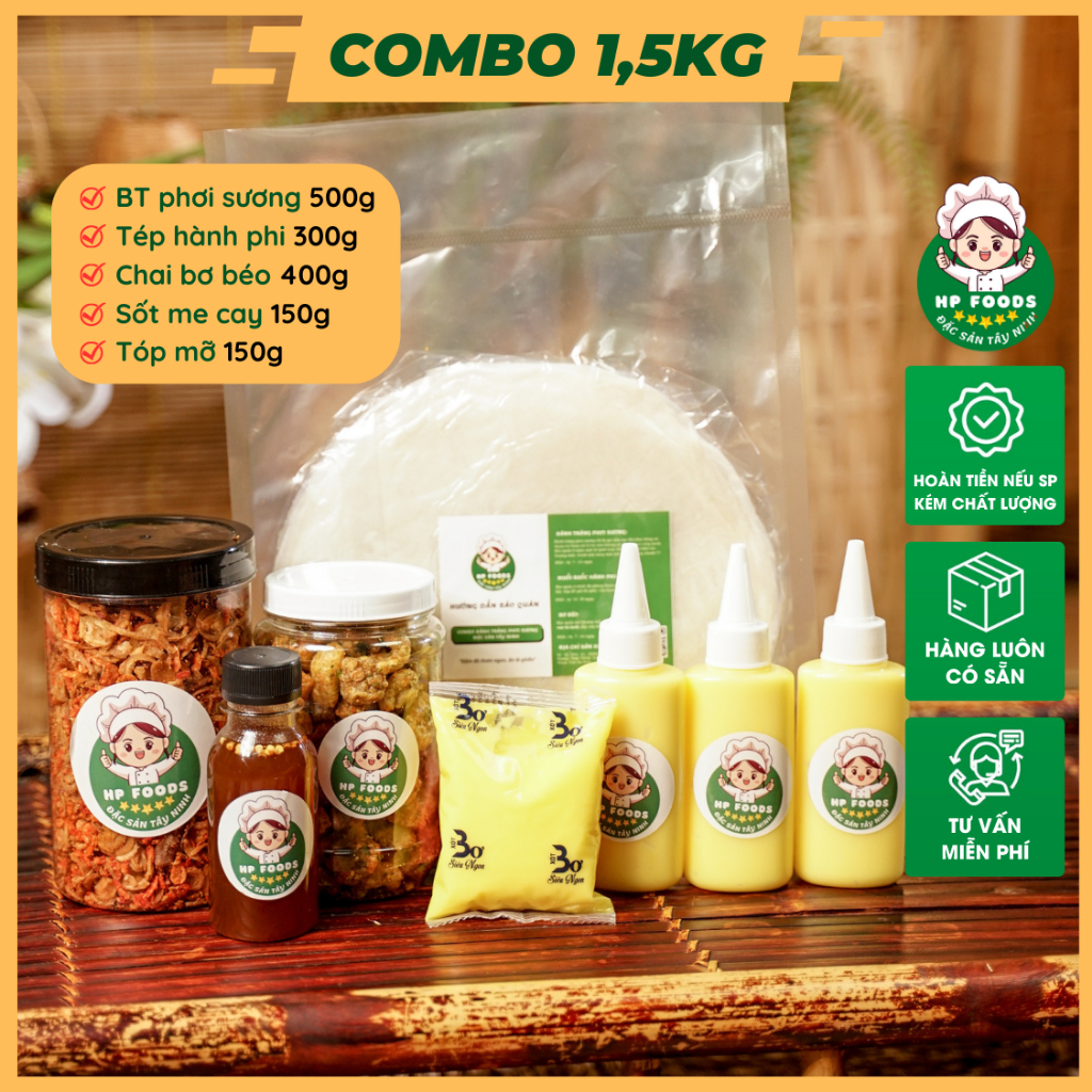 COMBO Bánh tráng phơi sương Tóp mỡ, 500gr bánh tráng phơi sương, 400gr Muối tép hành phi - 300gr Bơ béo - 150gr Sốt tắc