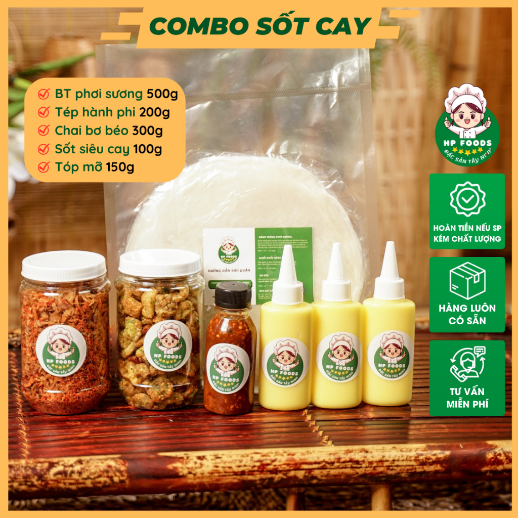 COMBO Bánh tráng phơi sương Tóp mỡ, 500gr bánh tráng phơi sương, 400gr Muối tép hành phi - 300gr Bơ béo - 150gr Sốt tắc