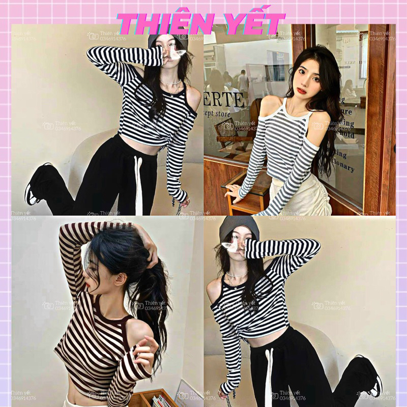 Áo kiểu croptop thun gân tay dài SỌC CỒ TRÒN HỞ VAI nữ QN - Thiên Yết