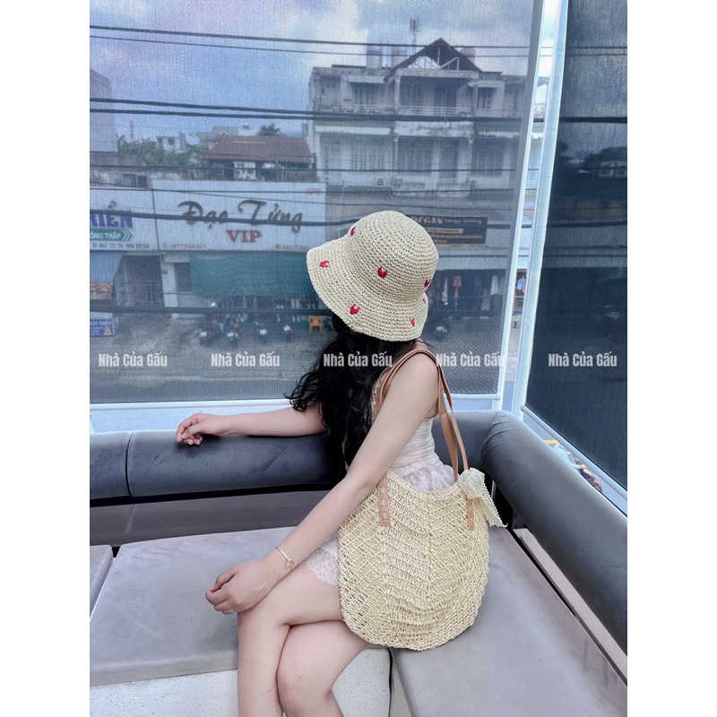 Túi cói mềm phối dây da x tặng kèm nơ ren