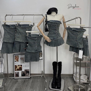 Set bò quây khuy lệch mix chân váy xếp ly hàng quảng châu - Anna.Store