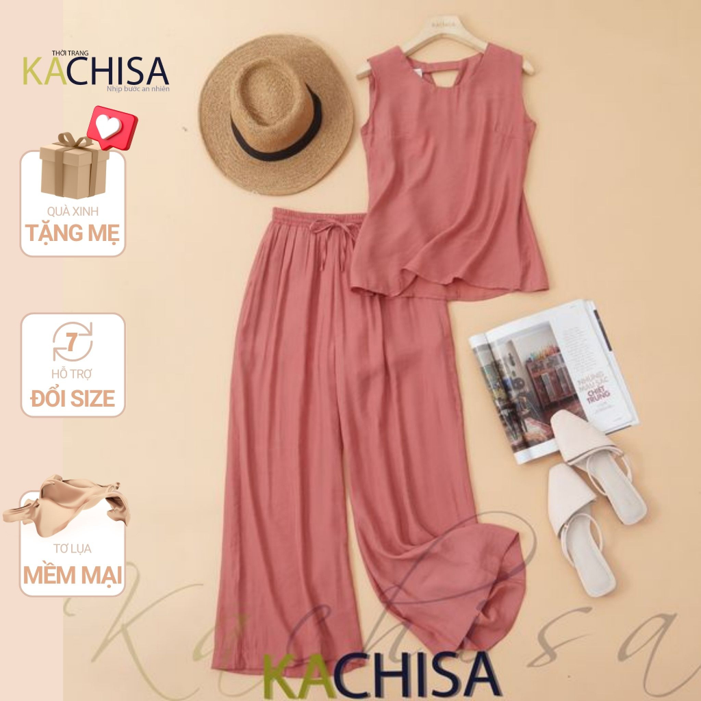 Set đồ nữ trung niên cao cấp mặc nhà, bộ sát nách tơ lụa hồng đất phom trơn nhã nhặn cho mẹ ngày hè - KACHISA 1034JIT