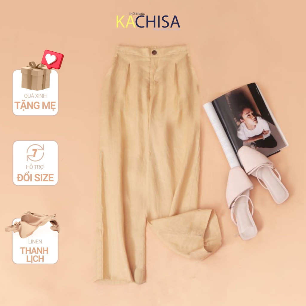 Quần dài nữ trung niên lưng cao che bụng cho mẹ, kiểu ống đứng chất linen mộc mạc thanh lịch - KACHISA 1080JIT