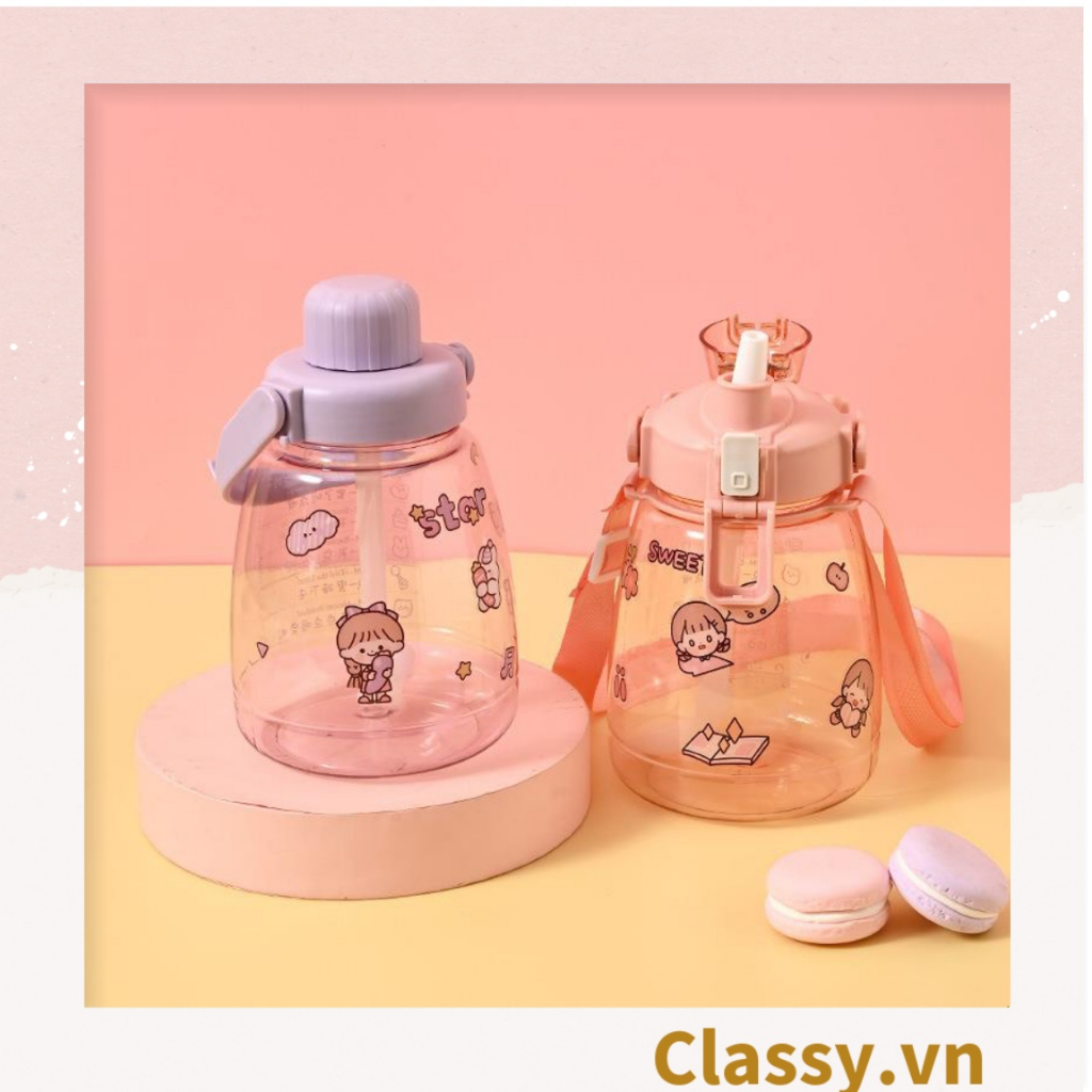 Bình đựng nước 1L  Classy có ống hút tiện lợi, họa tiết hoạt hình dễ thương PK1096