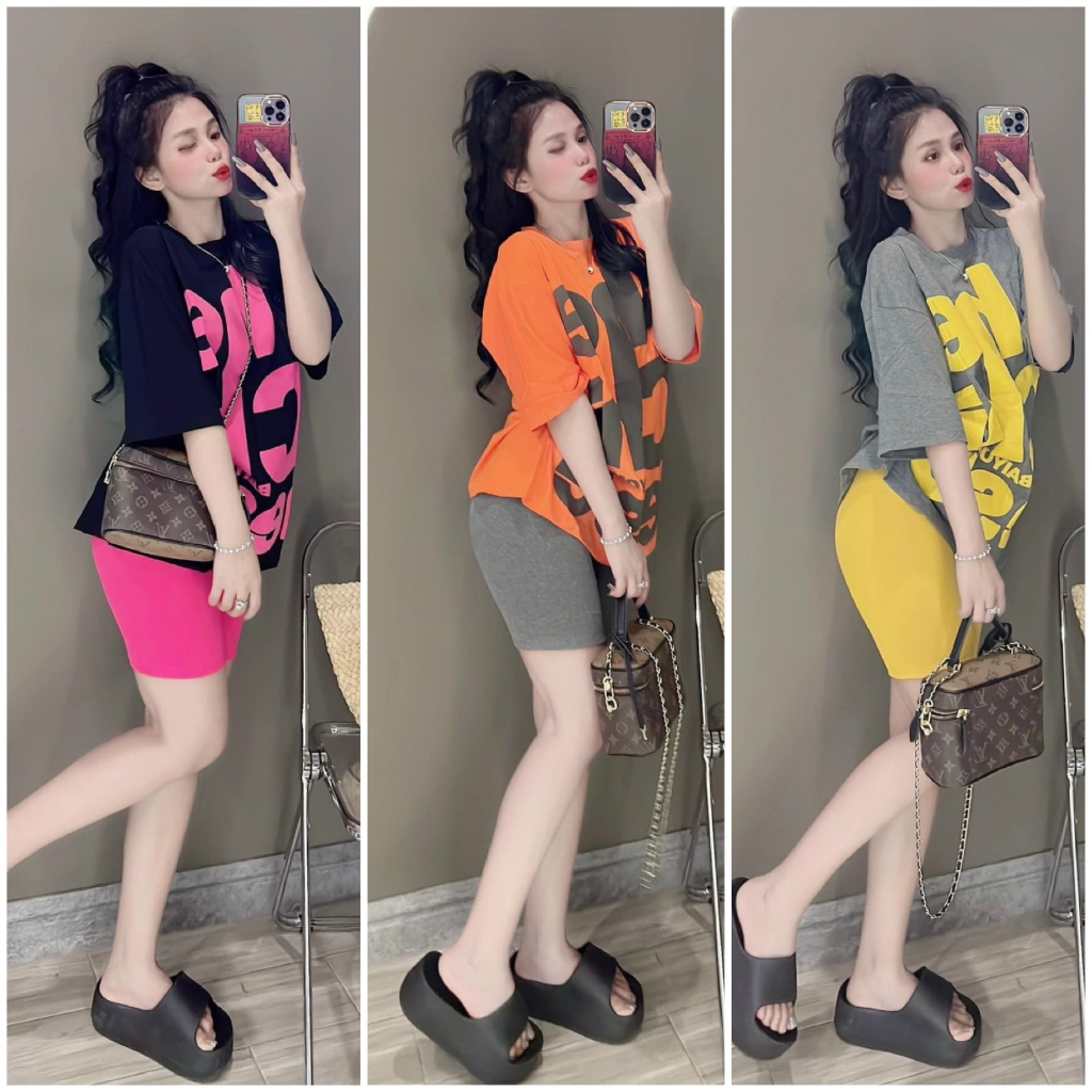 Set đồ bộ nữ áo thun phông rộng in chữ mix quần lửng ôm với các tone màu sặc sỡ dành cho các nàng mặc nhà, đi dạo xinh.