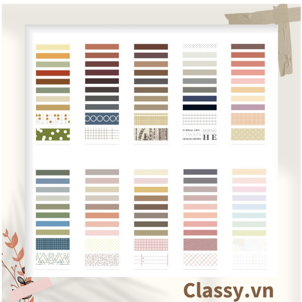 10 cuộn Băng keo giấy washi tape Classy trang trí tông màu neutral nhiều kích cỡ PK1326