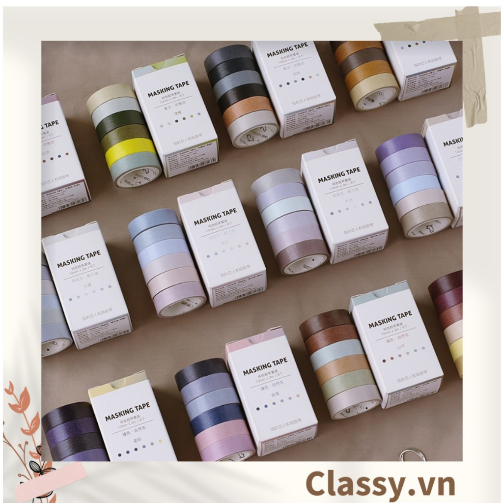 10 cuộn Băng keo giấy washi tape Classy trang trí tông màu neutral nhiều kích cỡ PK1326