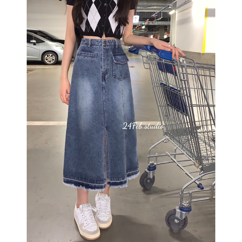 [VAH12] Chân váy jeans dáng dài tua gấu xẻ tà phong cách vintage Hàn Quốc 6809