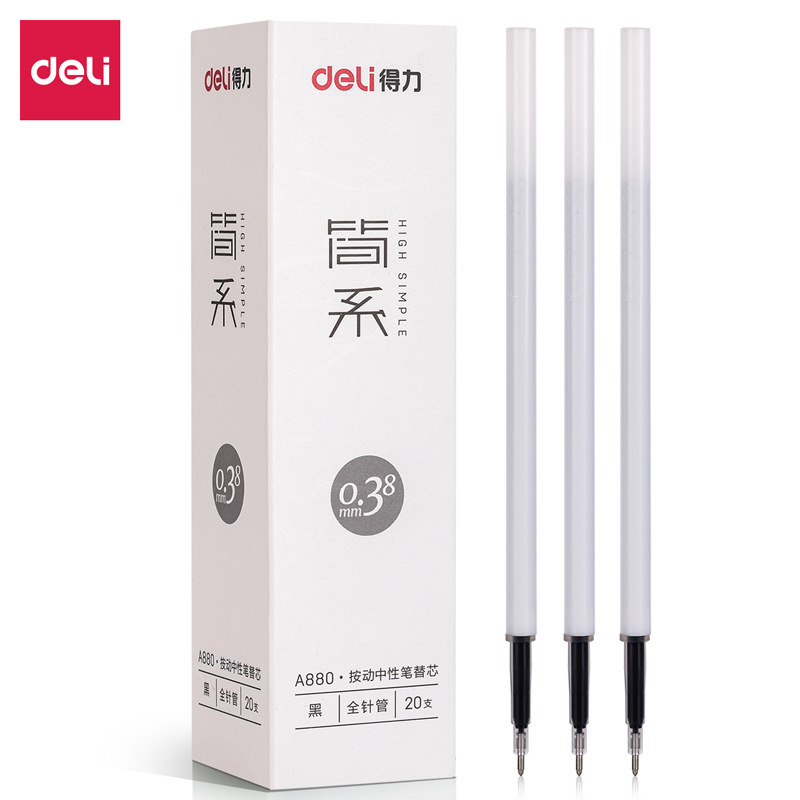 Ruột bút gel Deli A870 ngòi 0,5mm, A880 ngòi 0,38mm mực đen viết trơn êm