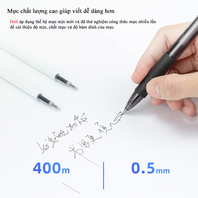 Ruột bút gel Deli A870 ngòi 0,5mm, A880 ngòi 0,38mm mực đen viết trơn êm