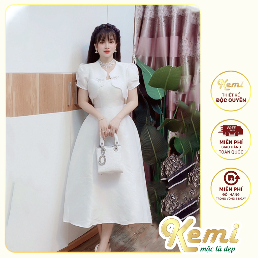 Set áo váy nữ 2 dây xòe bồng kèm khoác croptop lửng tay Kem chất Tafta cao cấp lịch sự trang nhã