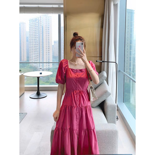 Đầm suông hồng neon tay bồng nút bọc cổ vuông đi dạo phố