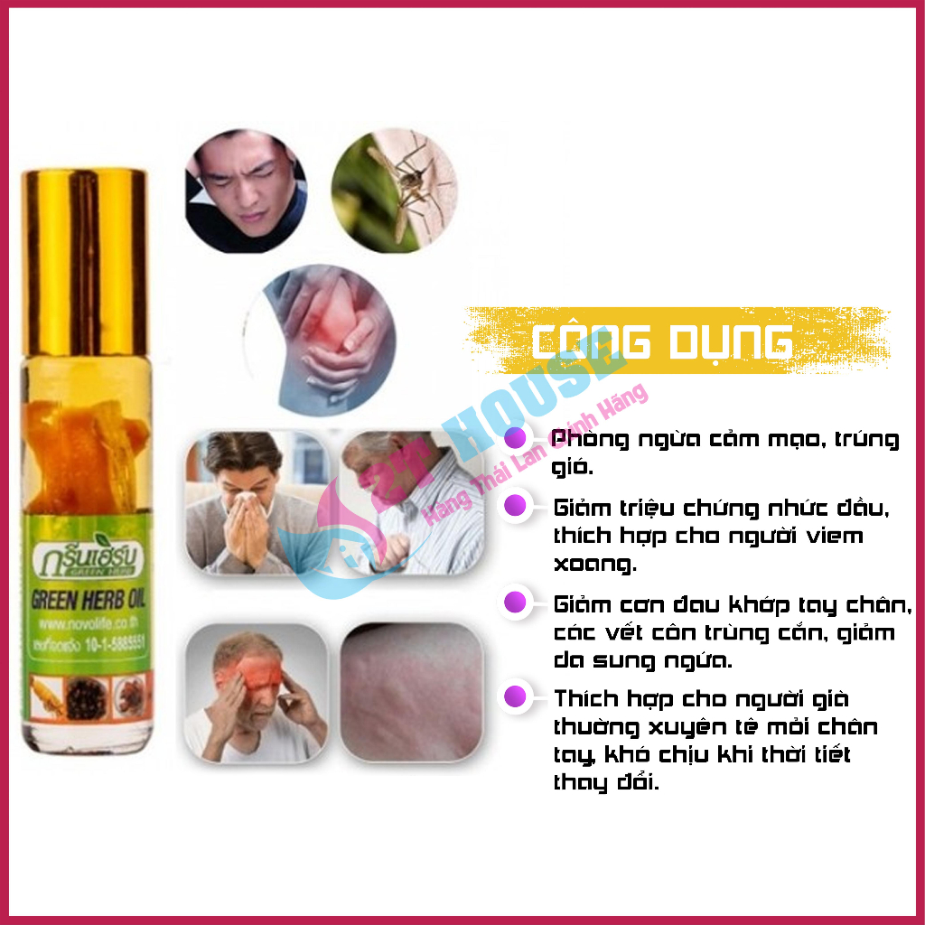 Dầu nhân sâm thảo dược dạng lăn siêu thơm Green Herb Oil Thái Lan chai 8ml 2T House Shop Hàng Thái Lan Nội Địa