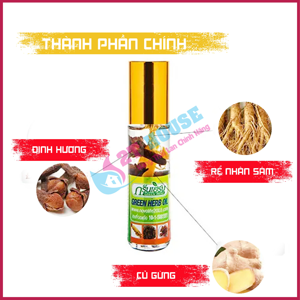 Dầu nhân sâm thảo dược dạng lăn siêu thơm Green Herb Oil Thái Lan chai 8ml 2T House Shop Hàng Thái Lan Nội Địa