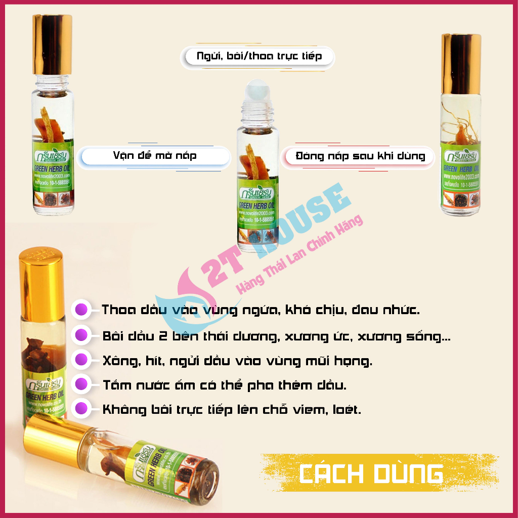 Dầu nhân sâm thảo dược dạng lăn siêu thơm Green Herb Oil Thái Lan chai 8ml 2T House Shop Hàng Thái Lan Nội Địa