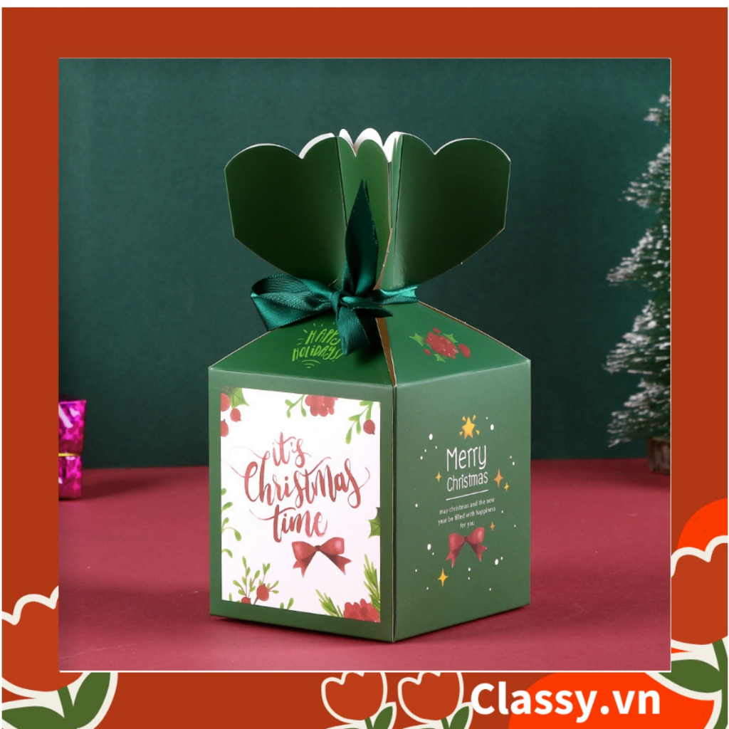 Hộp giấy  Giáng sinh 9.5*8*8cm tự gấp hình viên kẹo, gắn Ruy băng Classy ; in họa tiết  NOEL vui vẻ Q765