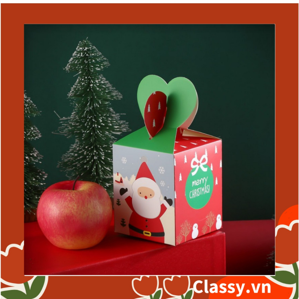 Hộp giấy  Giáng sinh 9.5*8*8cm tự gấp hình viên kẹo, gắn Ruy băng Classy ; in họa tiết  NOEL vui vẻ Q765