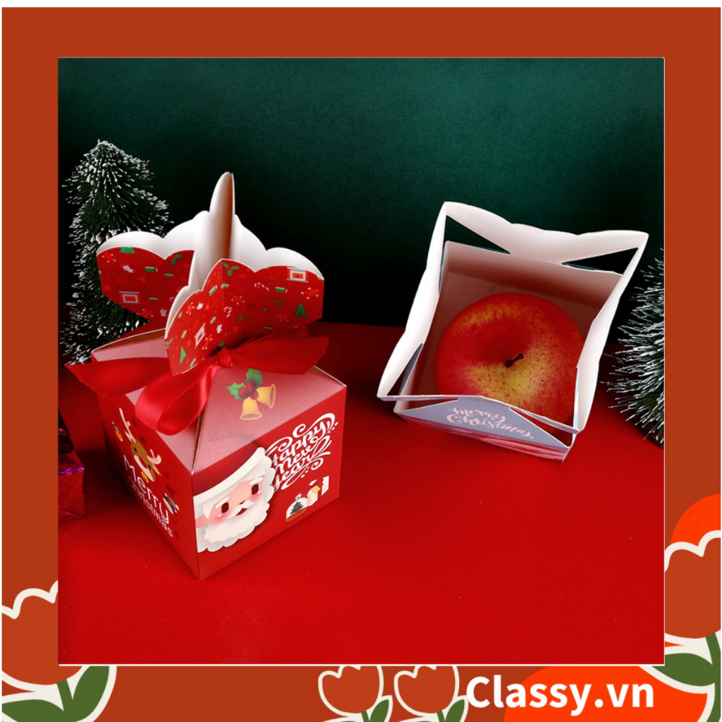 Hộp giấy  Giáng sinh 9.5*8*8cm tự gấp hình viên kẹo, gắn Ruy băng Classy ; in họa tiết  NOEL vui vẻ Q765