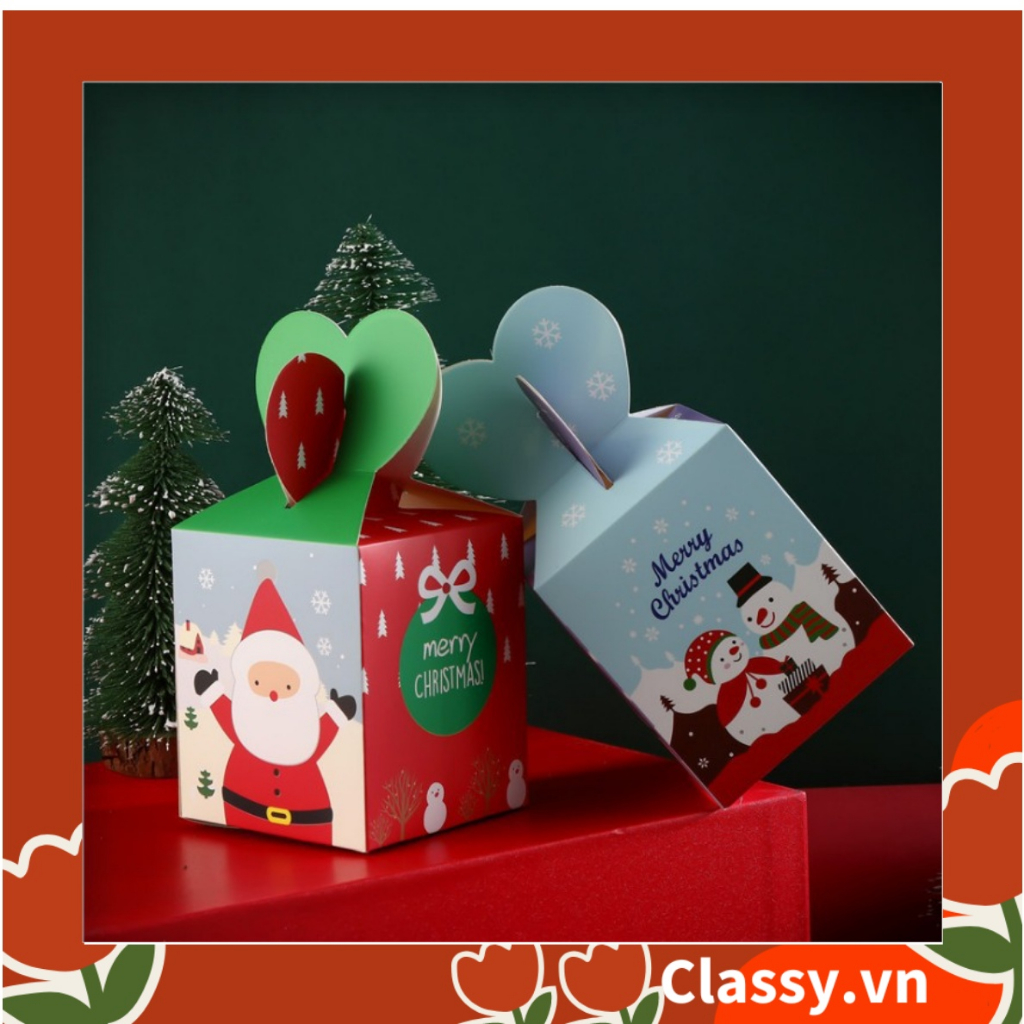 Hộp giấy  Giáng sinh 9.5*8*8cm tự gấp hình viên kẹo, gắn Ruy băng Classy ; in họa tiết  NOEL vui vẻ Q765