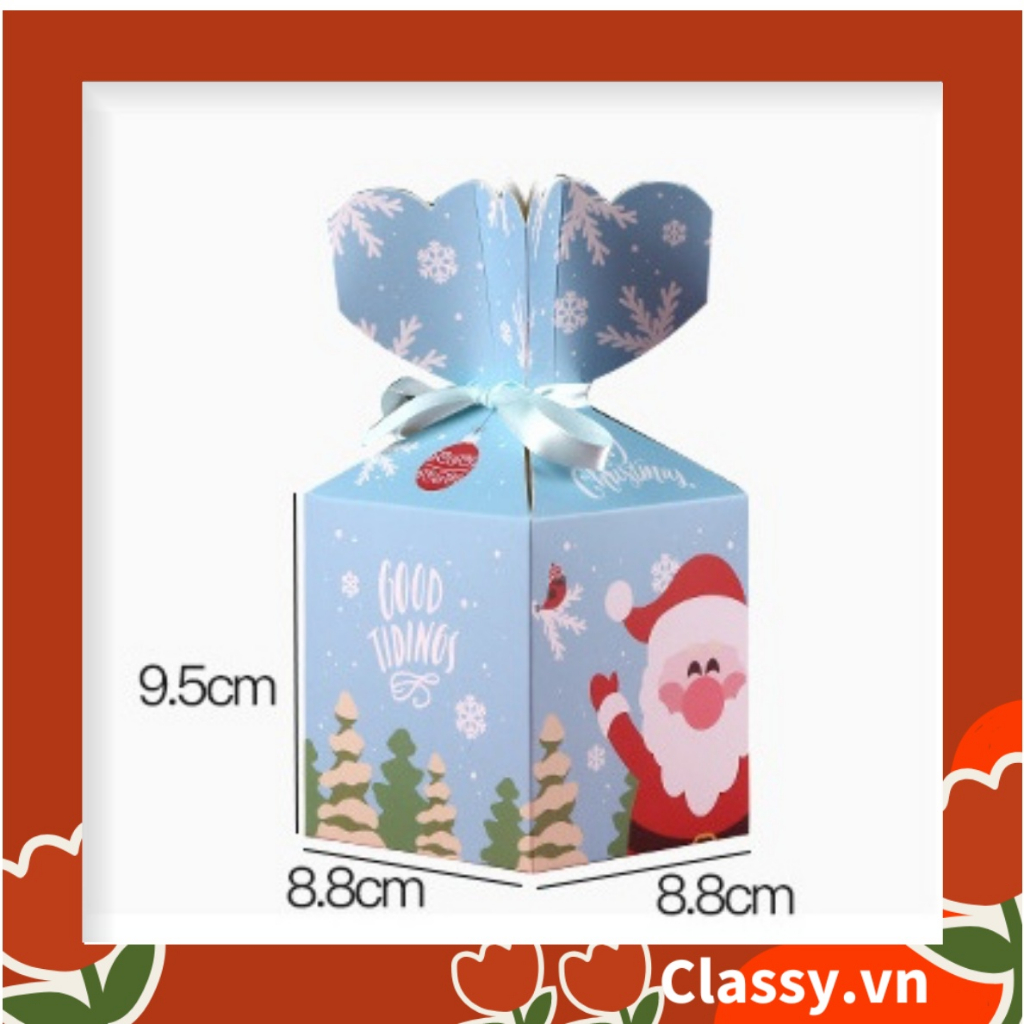 Hộp giấy  Giáng sinh 9.5*8*8cm tự gấp hình viên kẹo, gắn Ruy băng Classy ; in họa tiết  NOEL vui vẻ Q765