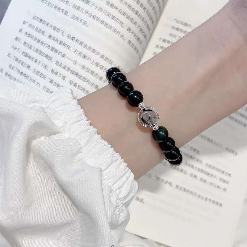 Vòng tay chuỗi hạt đen Ula shop Vòng đeo tay đá Obsidian kiểu dáng đơn giản cho Nam và nữ Vòng may mắn VTC7